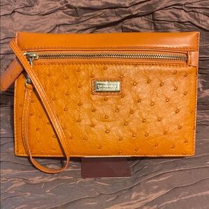 Victor Hugo Leather goods  Orange Ostrich and Bovine Leather Clutch Wristlet
